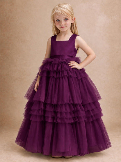 Sleeveless Square Neck Tiered Tulle Flower Girl Dress Kids Princess Wedding Party Gown