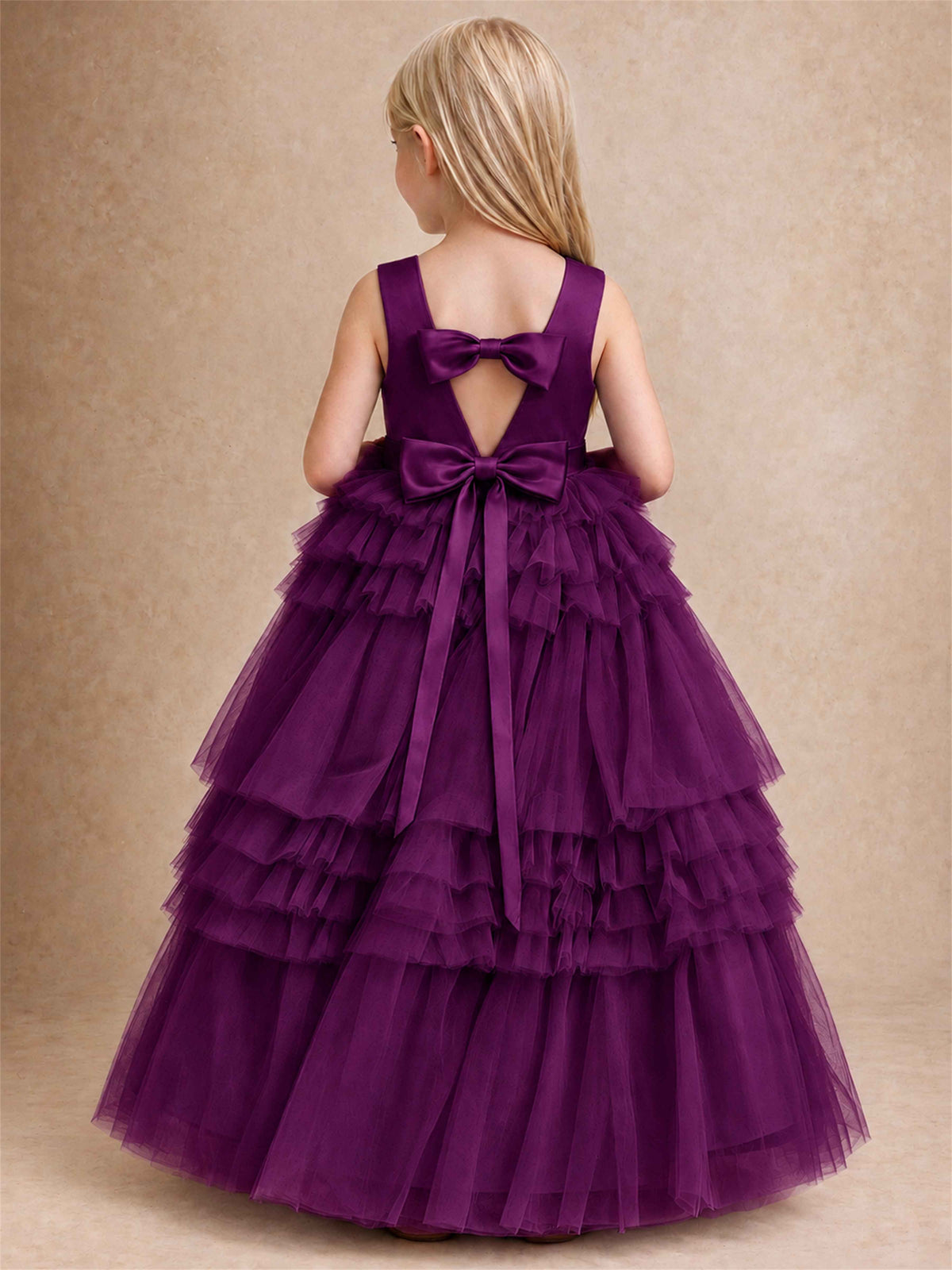 Sleeveless Square Neck Tiered Tulle Flower Girl Dress Kids Princess Wedding Party Gown