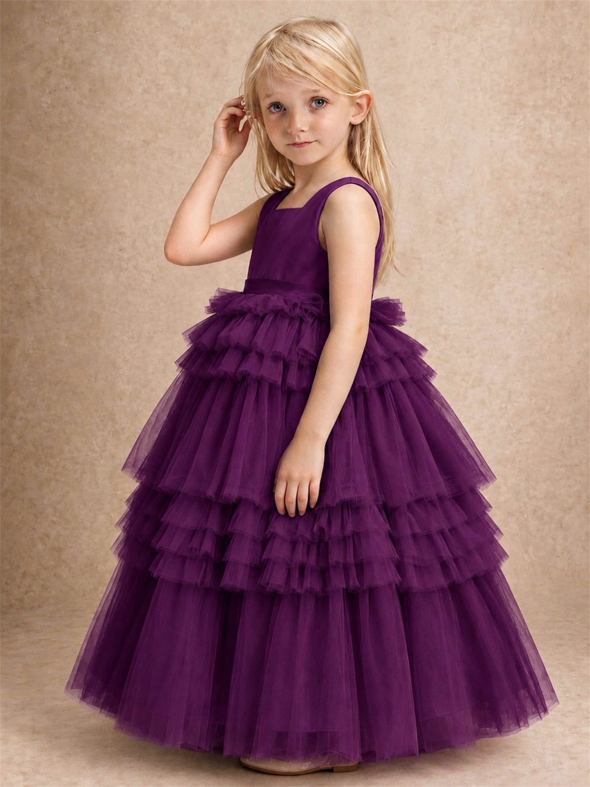 Sleeveless Square Neck Tiered Tulle Flower Girl Dress Kids Princess Wedding Party Gown