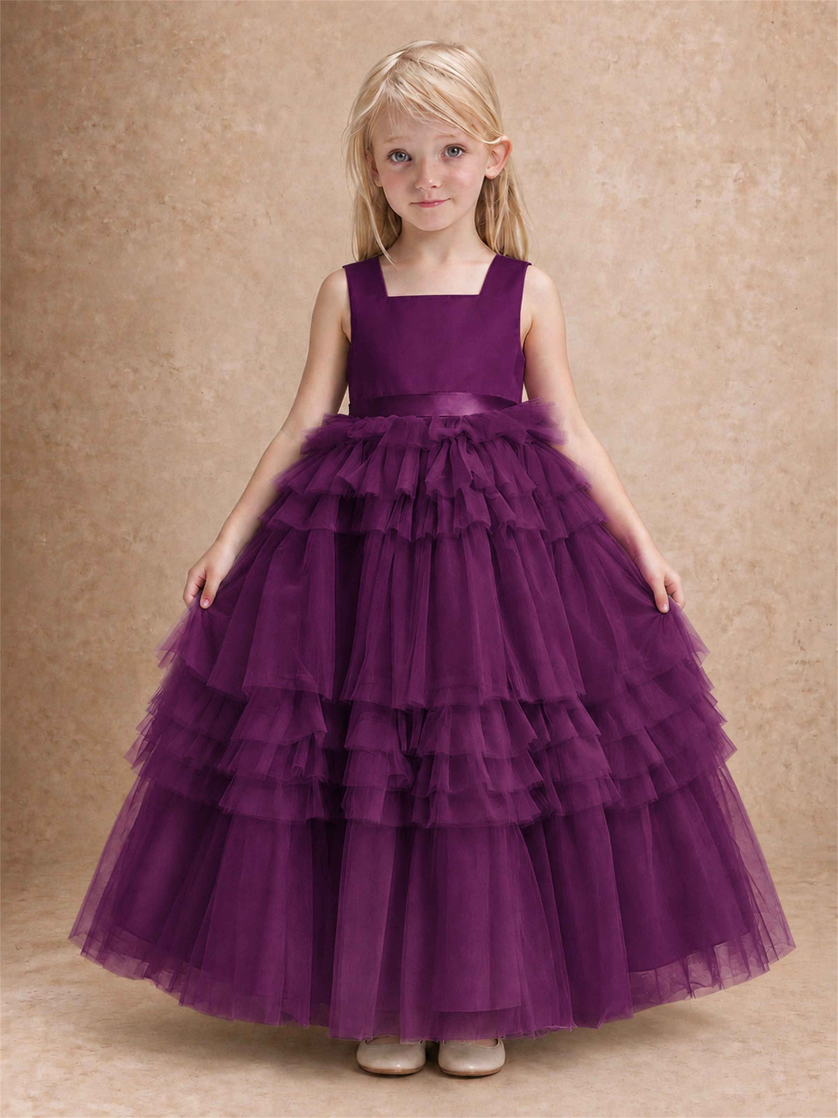 Sleeveless Square Neck Tiered Tulle Flower Girl Dress Kids Princess Wedding Party Gown