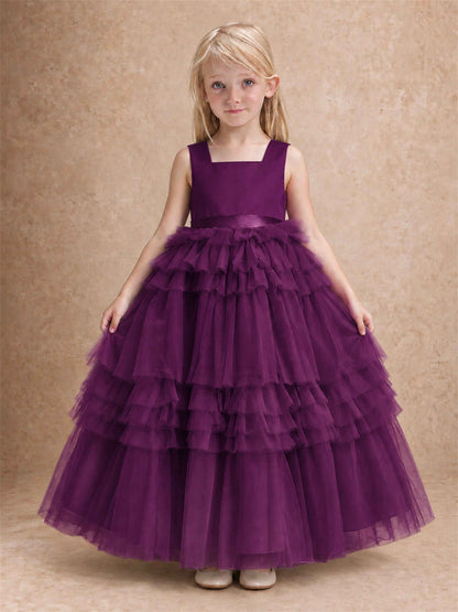 Sleeveless Square Neck Tiered Tulle Flower Girl Dress Kids Princess Wedding Party Gown