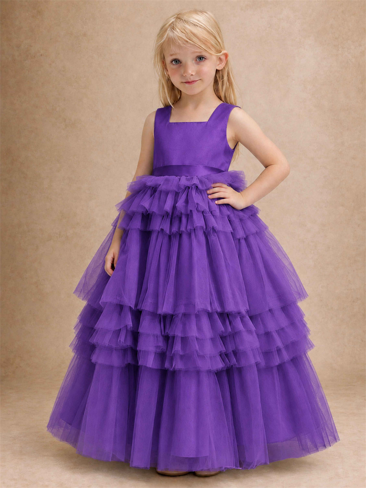 Sleeveless Square Neck Tiered Tulle Flower Girl Dress Kids Princess Wedding Party Gown