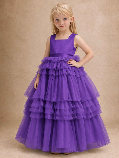 Sleeveless Square Neck Tiered Tulle Flower Girl Dress Kids Princess Wedding Party Gown
