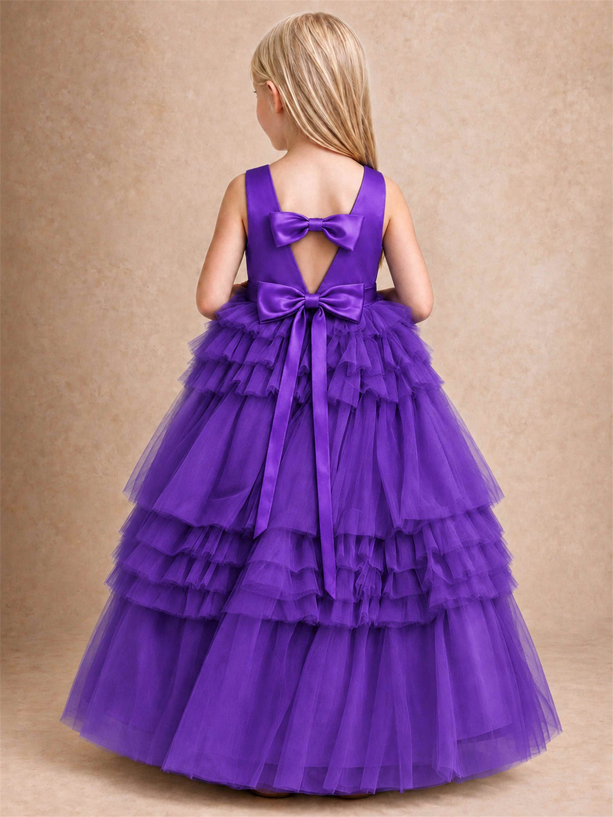 Sleeveless Square Neck Tiered Tulle Flower Girl Dress Kids Princess Wedding Party Gown