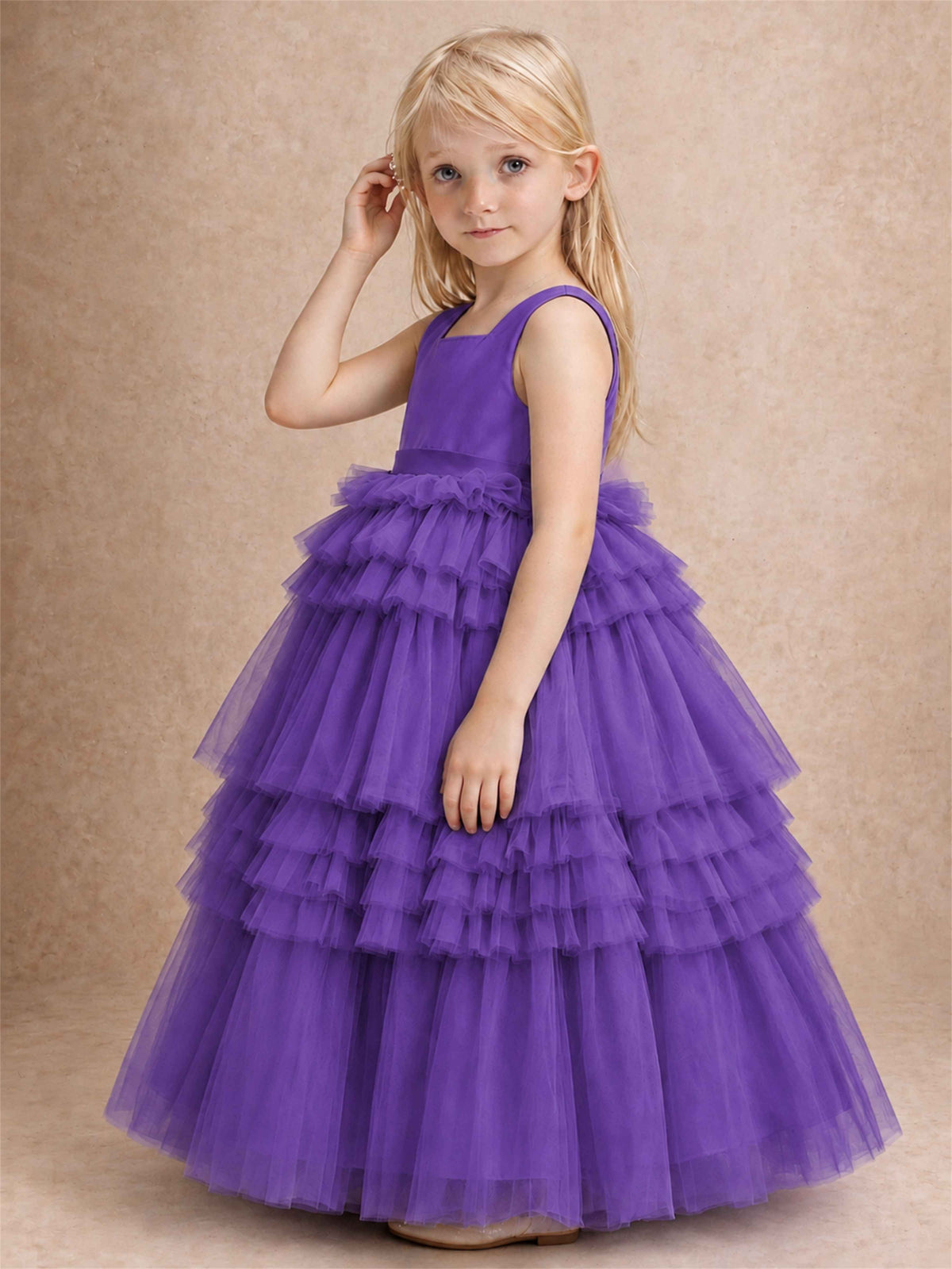 Sleeveless Square Neck Tiered Tulle Flower Girl Dress Kids Princess Wedding Party Gown