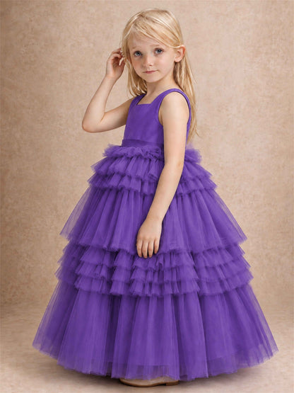 Sleeveless Square Neck Tiered Tulle Flower Girl Dress Kids Princess Wedding Party Gown