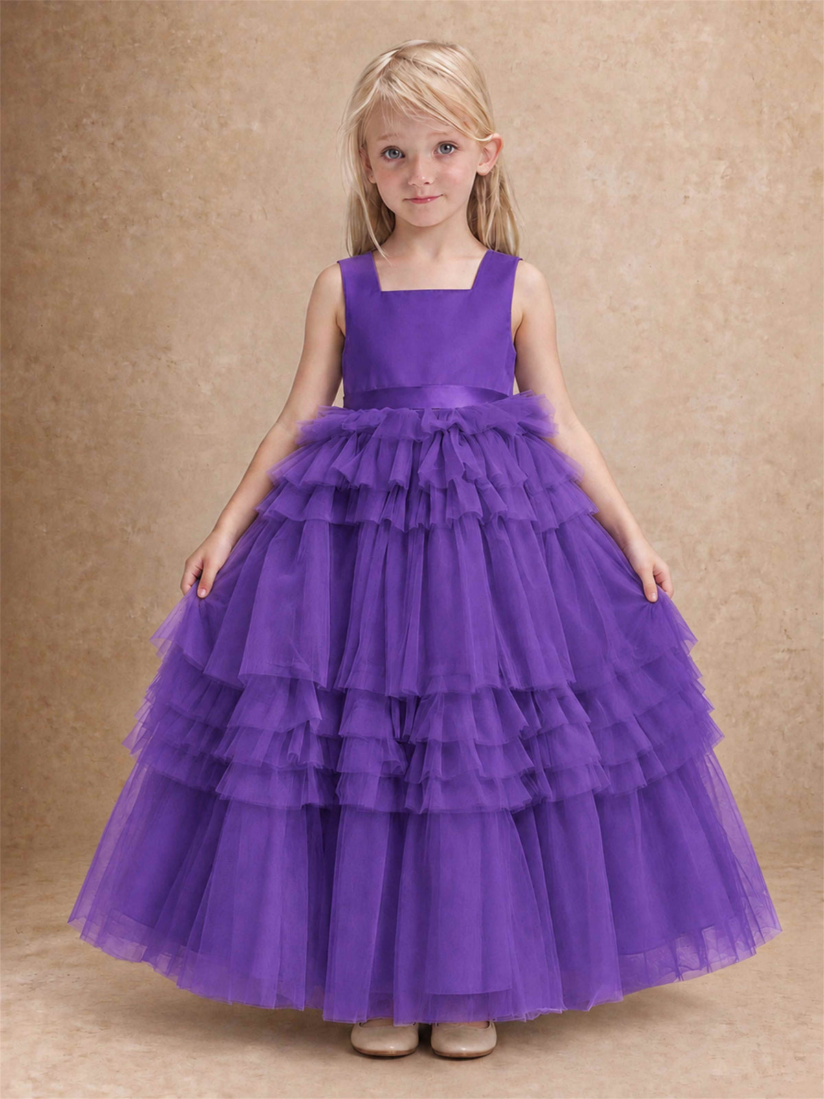 Sleeveless Square Neck Tiered Tulle Flower Girl Dress Kids Princess Wedding Party Gown