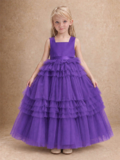 Sleeveless Square Neck Tiered Tulle Flower Girl Dress Kids Princess Wedding Party Gown