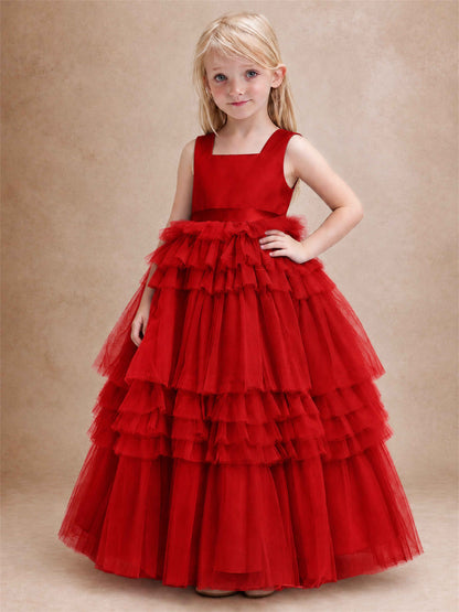 Sleeveless Square Neck Tiered Tulle Flower Girl Dress Kids Princess Wedding Party Gown