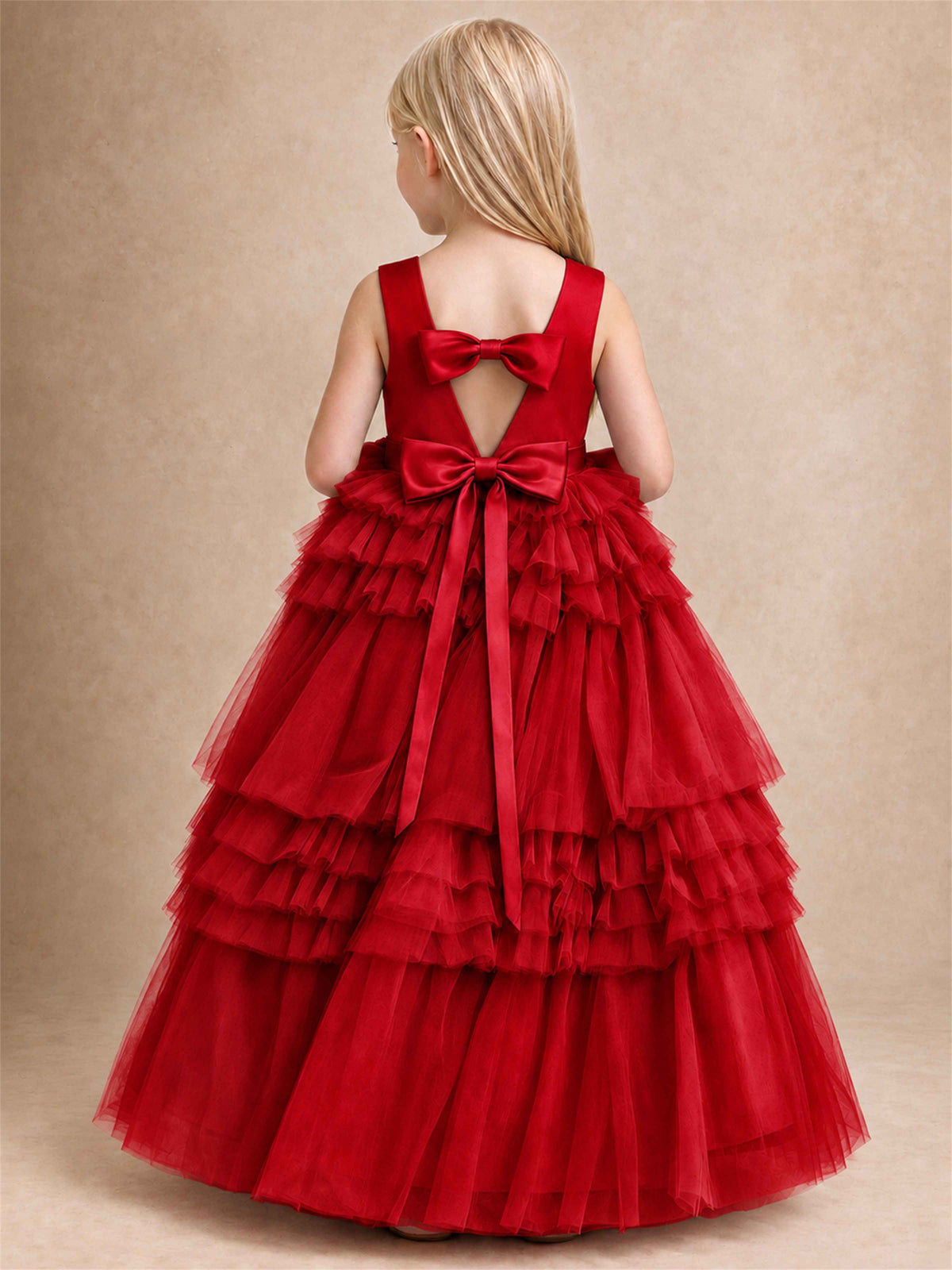 Sleeveless Square Neck Tiered Tulle Flower Girl Dress Kids Princess Wedding Party Gown