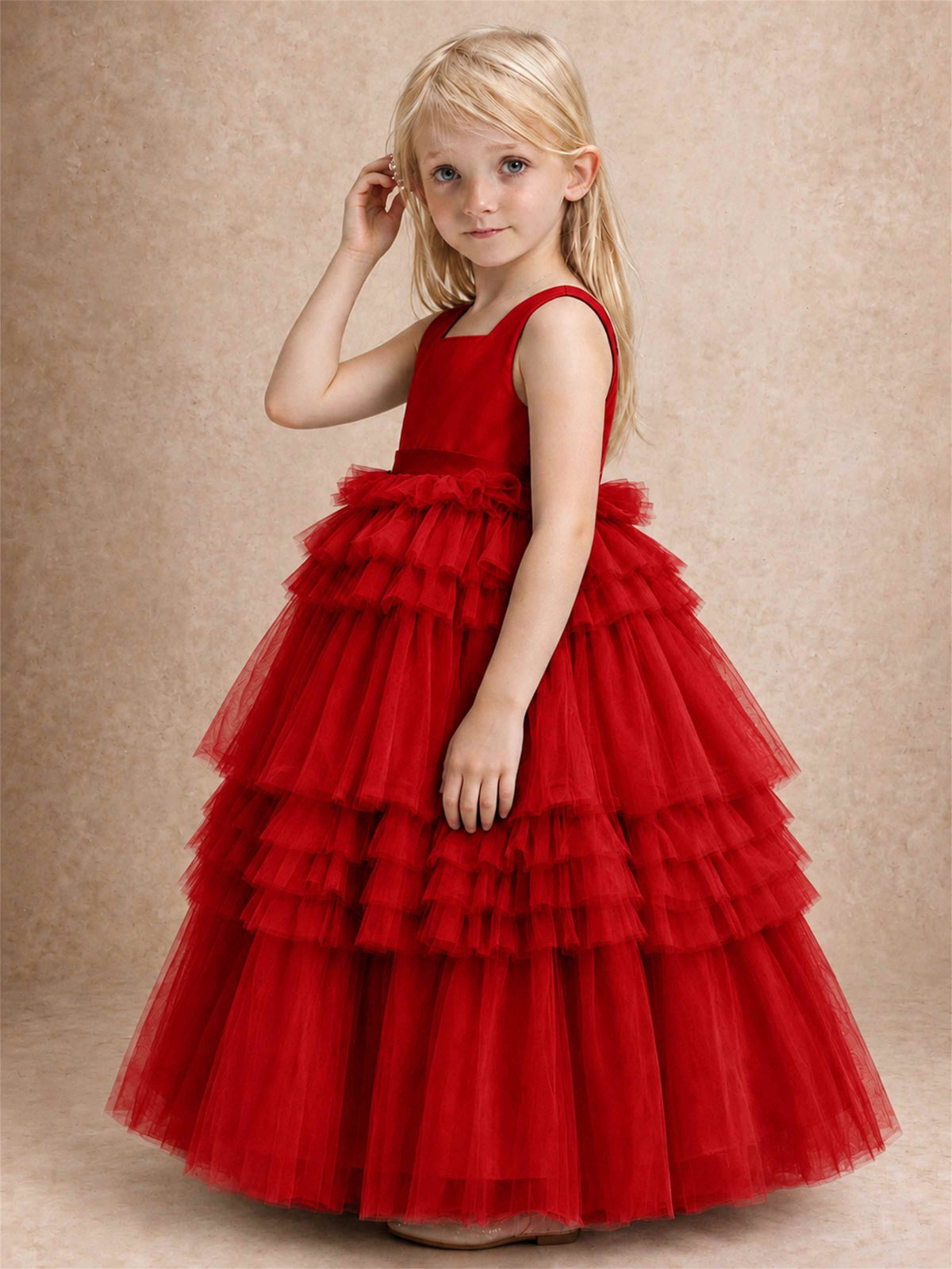 Sleeveless Square Neck Tiered Tulle Flower Girl Dress Kids Princess Wedding Party Gown
