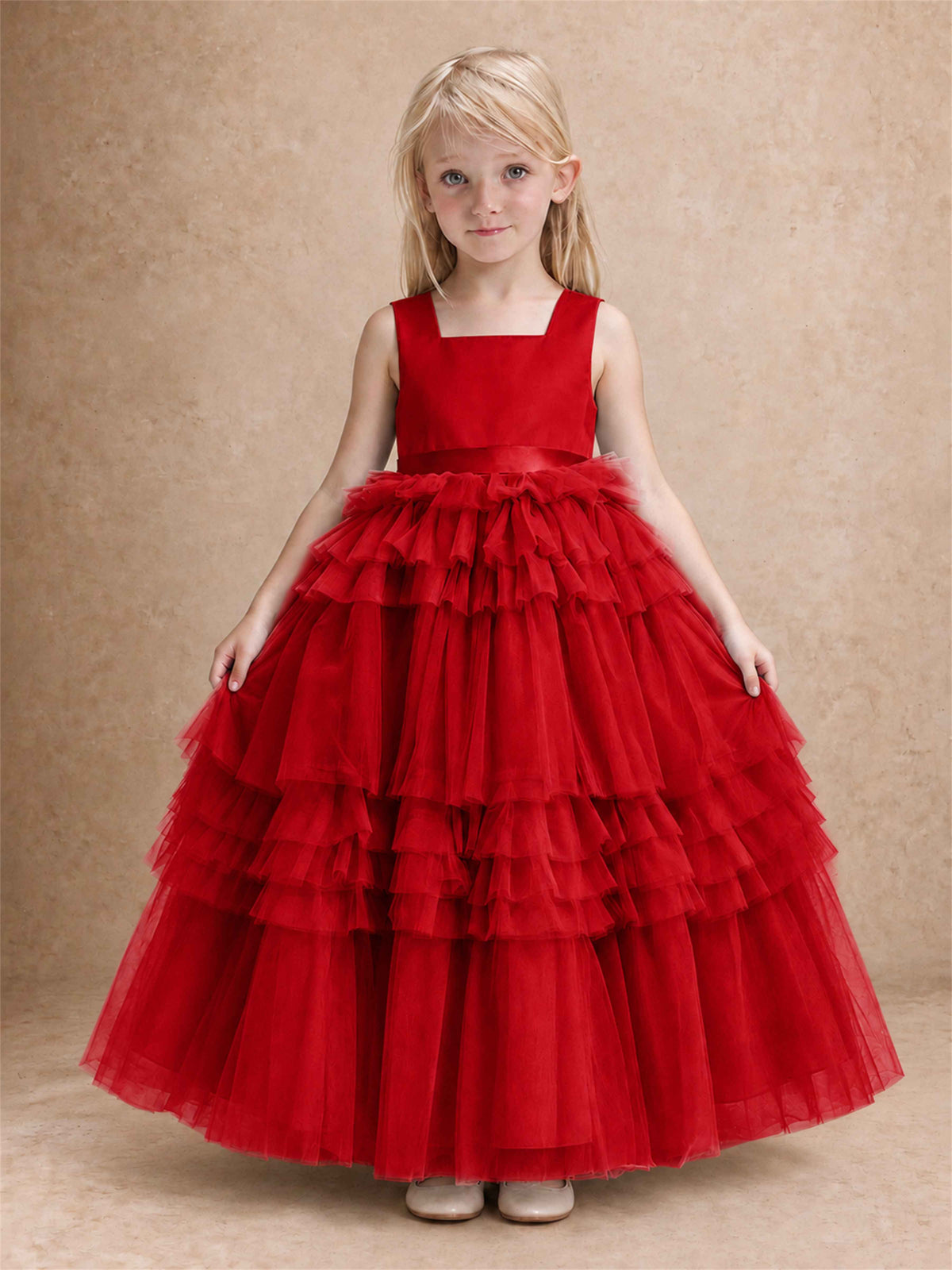 Sleeveless Square Neck Tiered Tulle Flower Girl Dress Kids Princess Wedding Party Gown