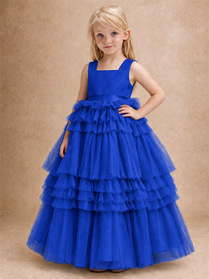 Sleeveless Square Neck Tiered Tulle Flower Girl Dress Kids Princess Wedding Party Gown