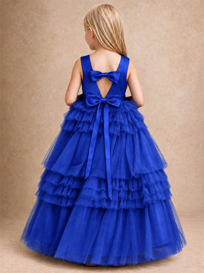 Sleeveless Square Neck Tiered Tulle Flower Girl Dress Kids Princess Wedding Party Gown