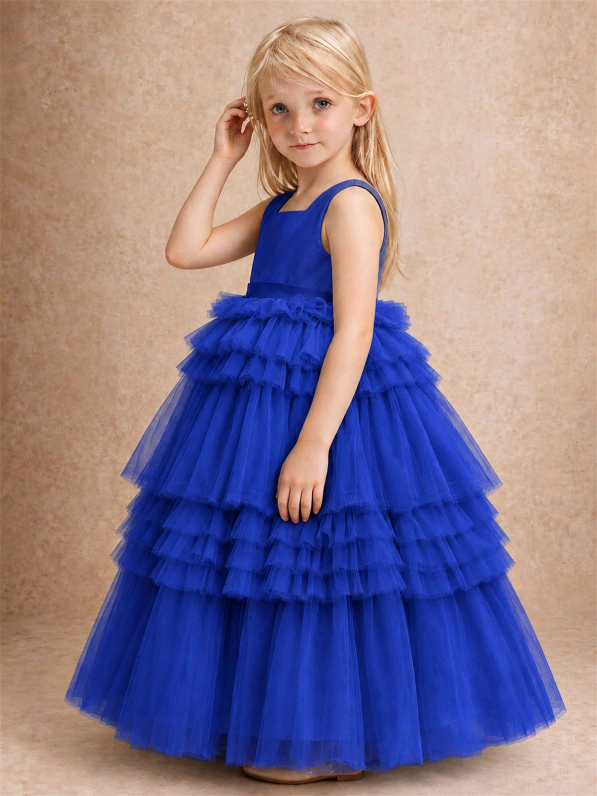 Sleeveless Square Neck Tiered Tulle Flower Girl Dress Kids Princess Wedding Party Gown