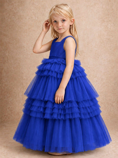 Sleeveless Square Neck Tiered Tulle Flower Girl Dress Kids Princess Wedding Party Gown