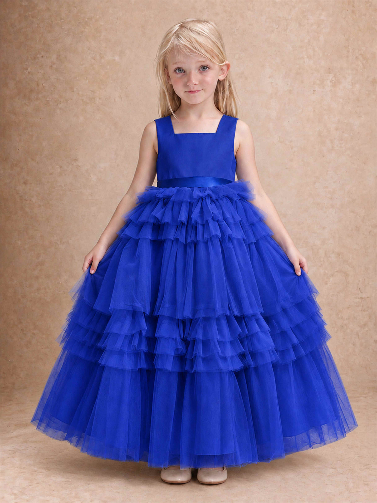 Sleeveless Square Neck Tiered Tulle Flower Girl Dress Kids Princess Wedding Party Gown