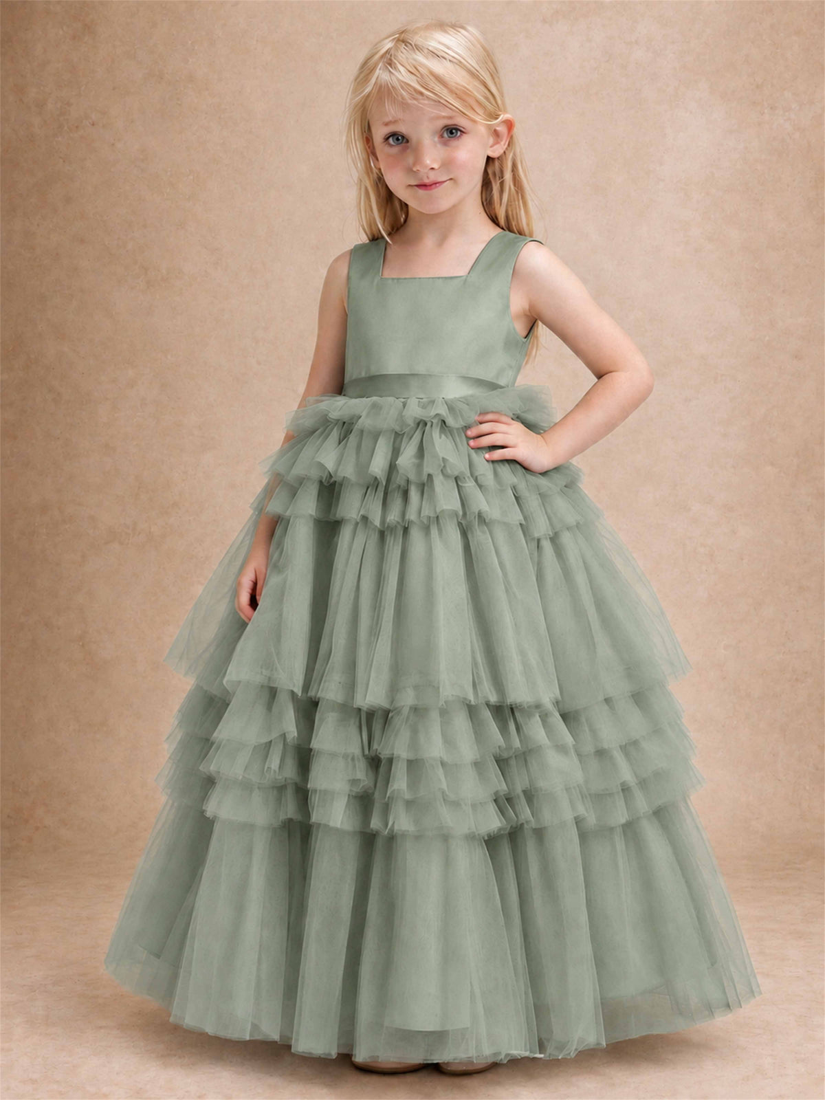 Sleeveless Square Neck Tiered Tulle Flower Girl Dress Kids Princess Wedding Party Gown