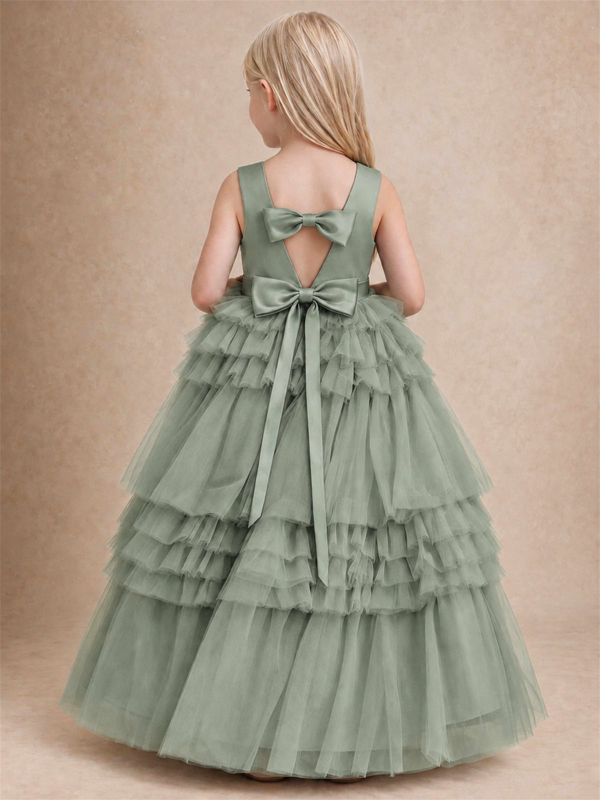 Sleeveless Square Neck Tiered Tulle Flower Girl Dress Kids Princess Wedding Party Gown