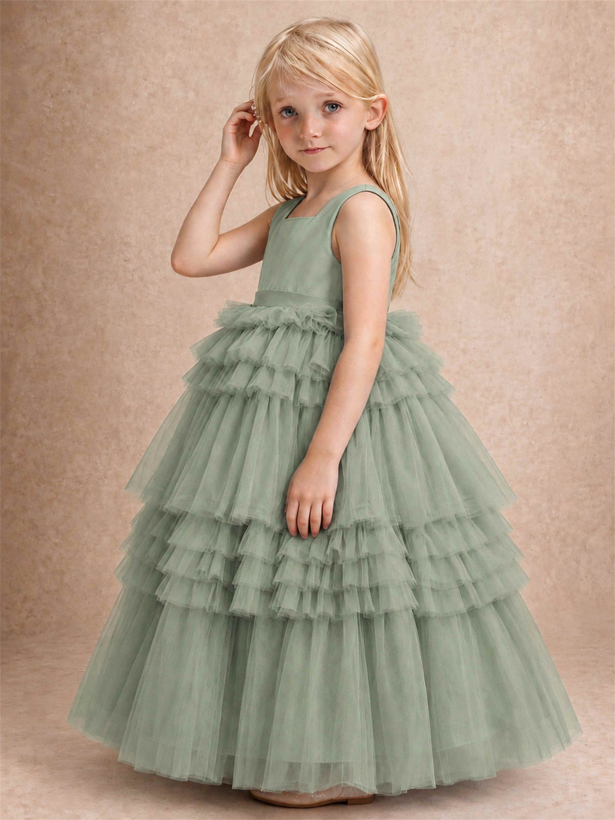 Sleeveless Square Neck Tiered Tulle Flower Girl Dress Kids Princess Wedding Party Gown