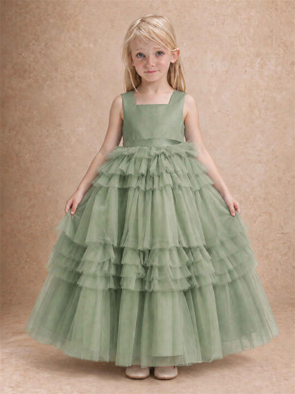 Sleeveless Square Neck Tiered Tulle Flower Girl Dress Kids Princess Wedding Party Gown