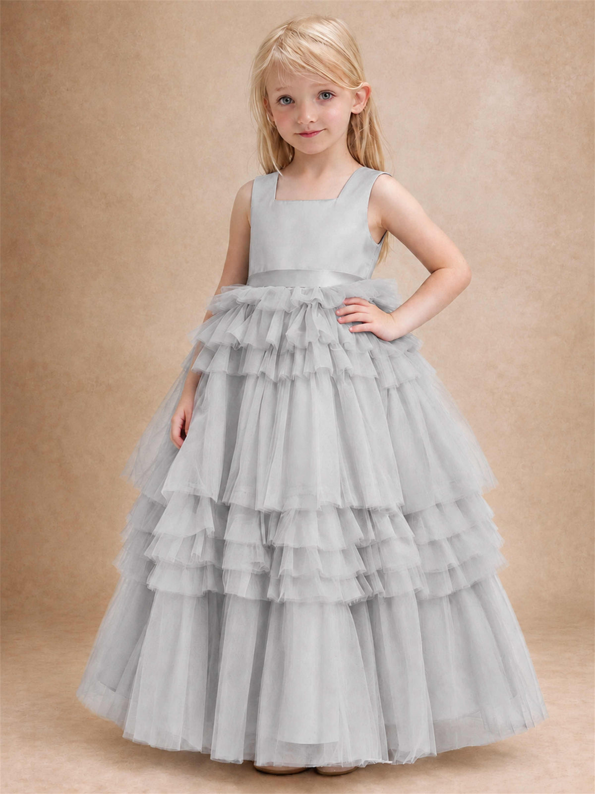 Sleeveless Square Neck Tiered Tulle Flower Girl Dress Kids Princess Wedding Party Gown