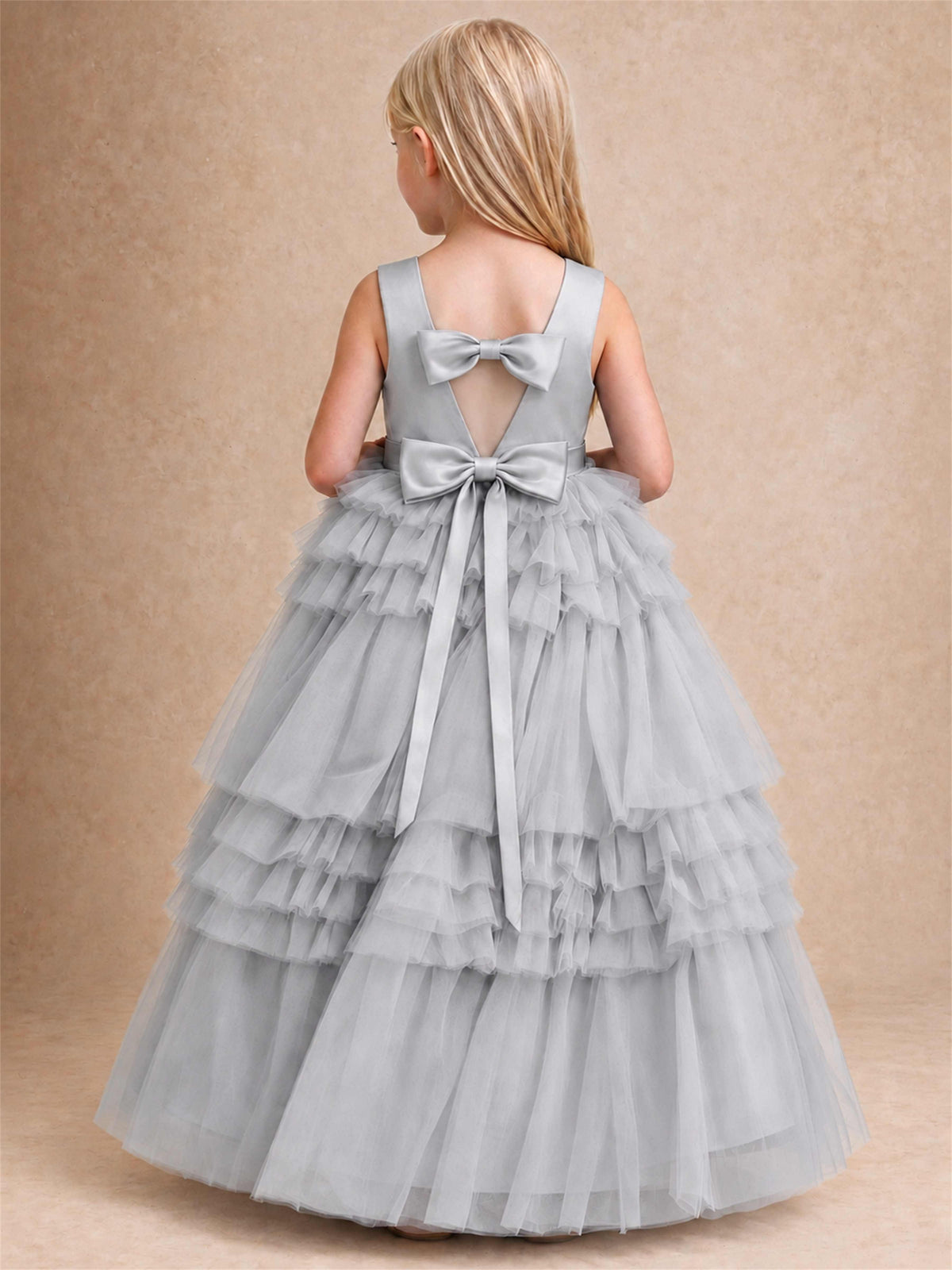 Sleeveless Square Neck Tiered Tulle Flower Girl Dress Kids Princess Wedding Party Gown