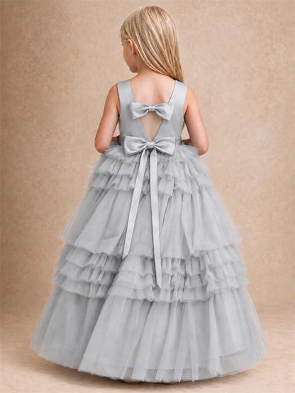 Sleeveless Square Neck Tiered Tulle Flower Girl Dress Kids Princess Wedding Party Gown