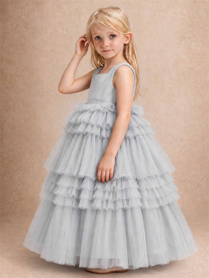 Sleeveless Square Neck Tiered Tulle Flower Girl Dress Kids Princess Wedding Party Gown