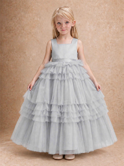 Sleeveless Square Neck Tiered Tulle Flower Girl Dress Kids Princess Wedding Party Gown