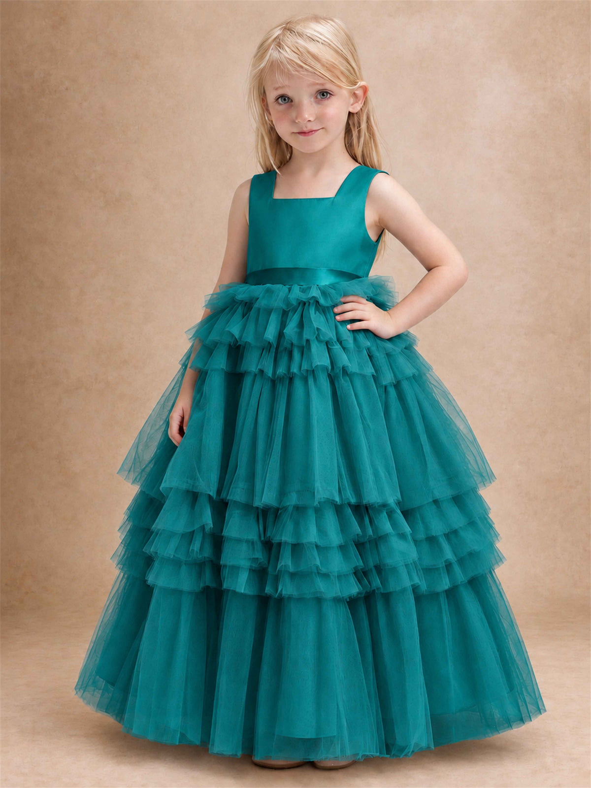 Sleeveless Square Neck Tiered Tulle Flower Girl Dress Kids Princess Wedding Party Gown