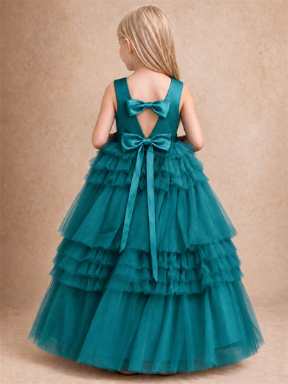 Sleeveless Square Neck Tiered Tulle Flower Girl Dress Kids Princess Wedding Party Gown