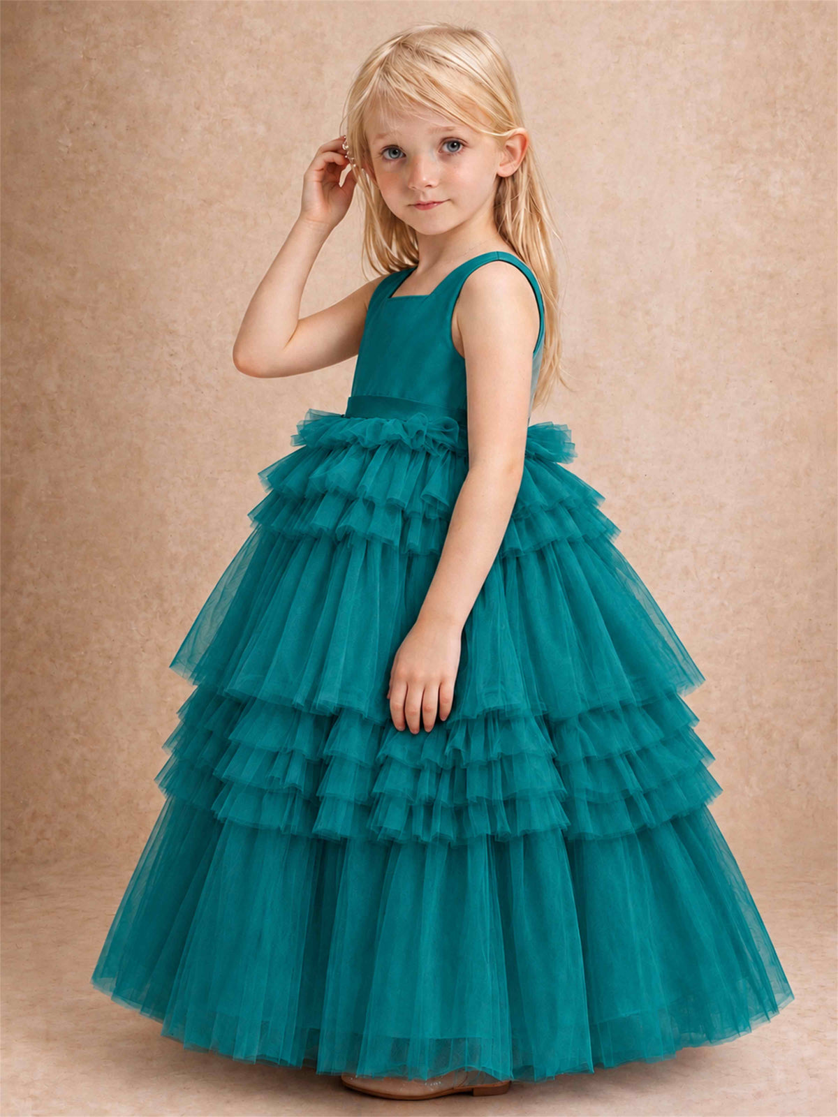 Sleeveless Square Neck Tiered Tulle Flower Girl Dress Kids Princess Wedding Party Gown