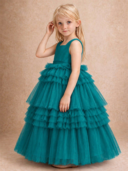 Sleeveless Square Neck Tiered Tulle Flower Girl Dress Kids Princess Wedding Party Gown