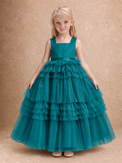 Sleeveless Square Neck Tiered Tulle Flower Girl Dress Kids Princess Wedding Party Gown