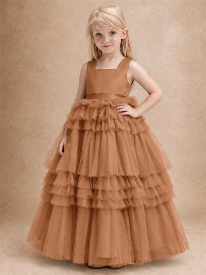 Sleeveless Square Neck Tiered Tulle Flower Girl Dress Kids Princess Wedding Party Gown