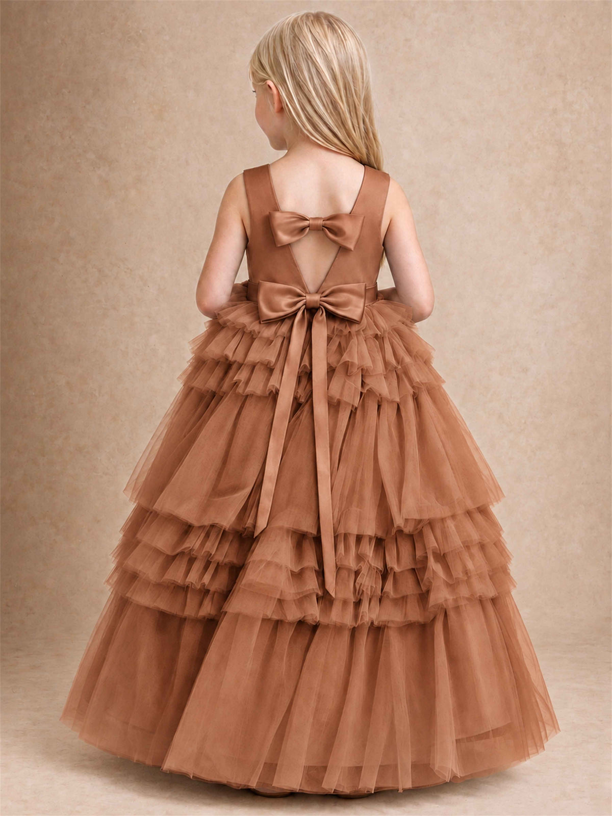 Sleeveless Square Neck Tiered Tulle Flower Girl Dress Kids Princess Wedding Party Gown