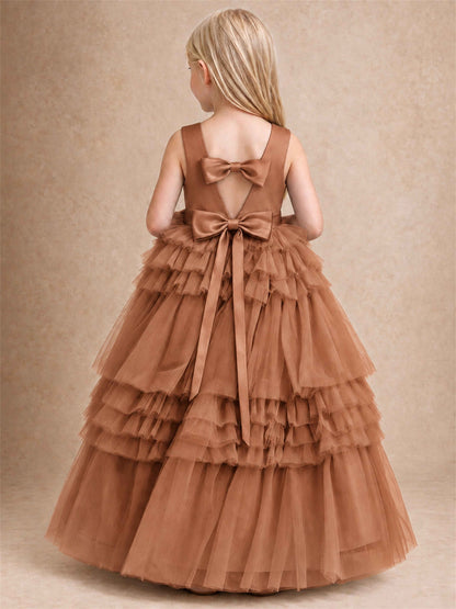 Sleeveless Square Neck Tiered Tulle Flower Girl Dress Kids Princess Wedding Party Gown