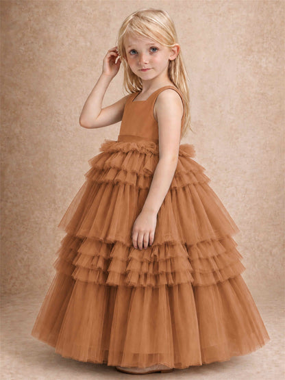 Sleeveless Square Neck Tiered Tulle Flower Girl Dress Kids Princess Wedding Party Gown