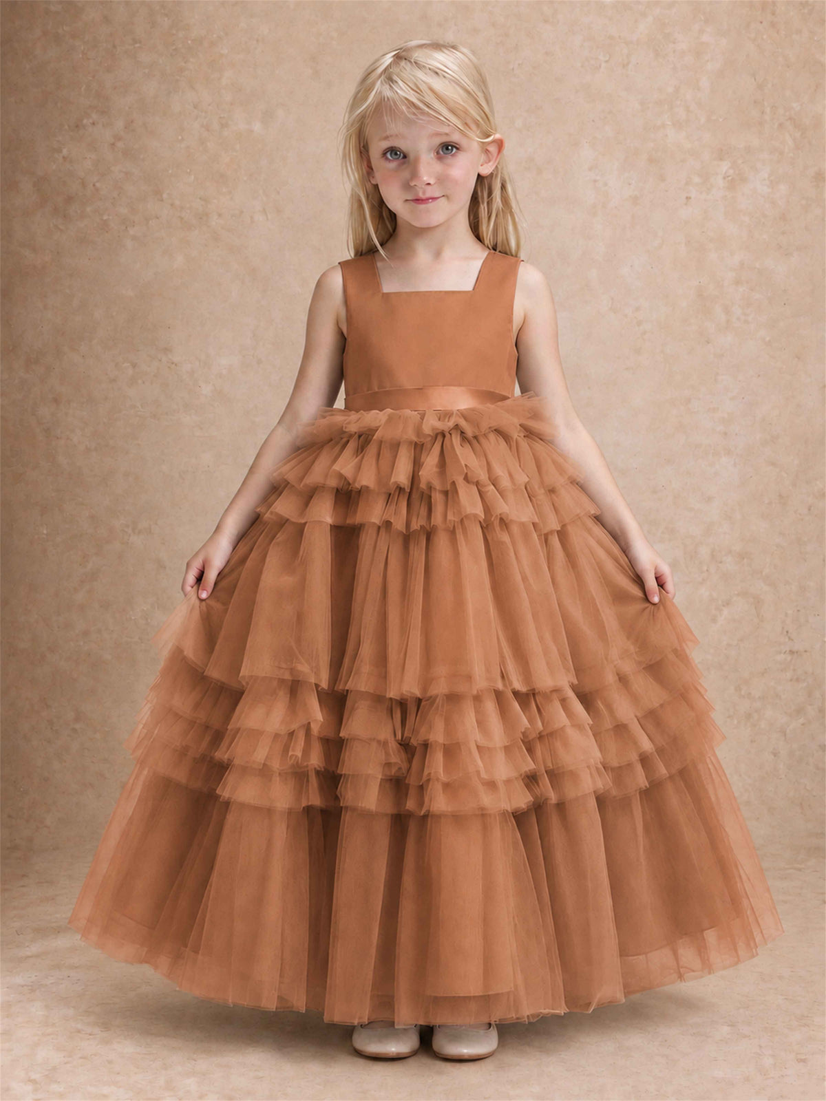 Sleeveless Square Neck Tiered Tulle Flower Girl Dress Kids Princess Wedding Party Gown