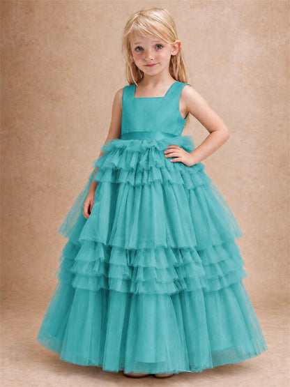 Sleeveless Square Neck Tiered Tulle Flower Girl Dress Kids Princess Wedding Party Gown