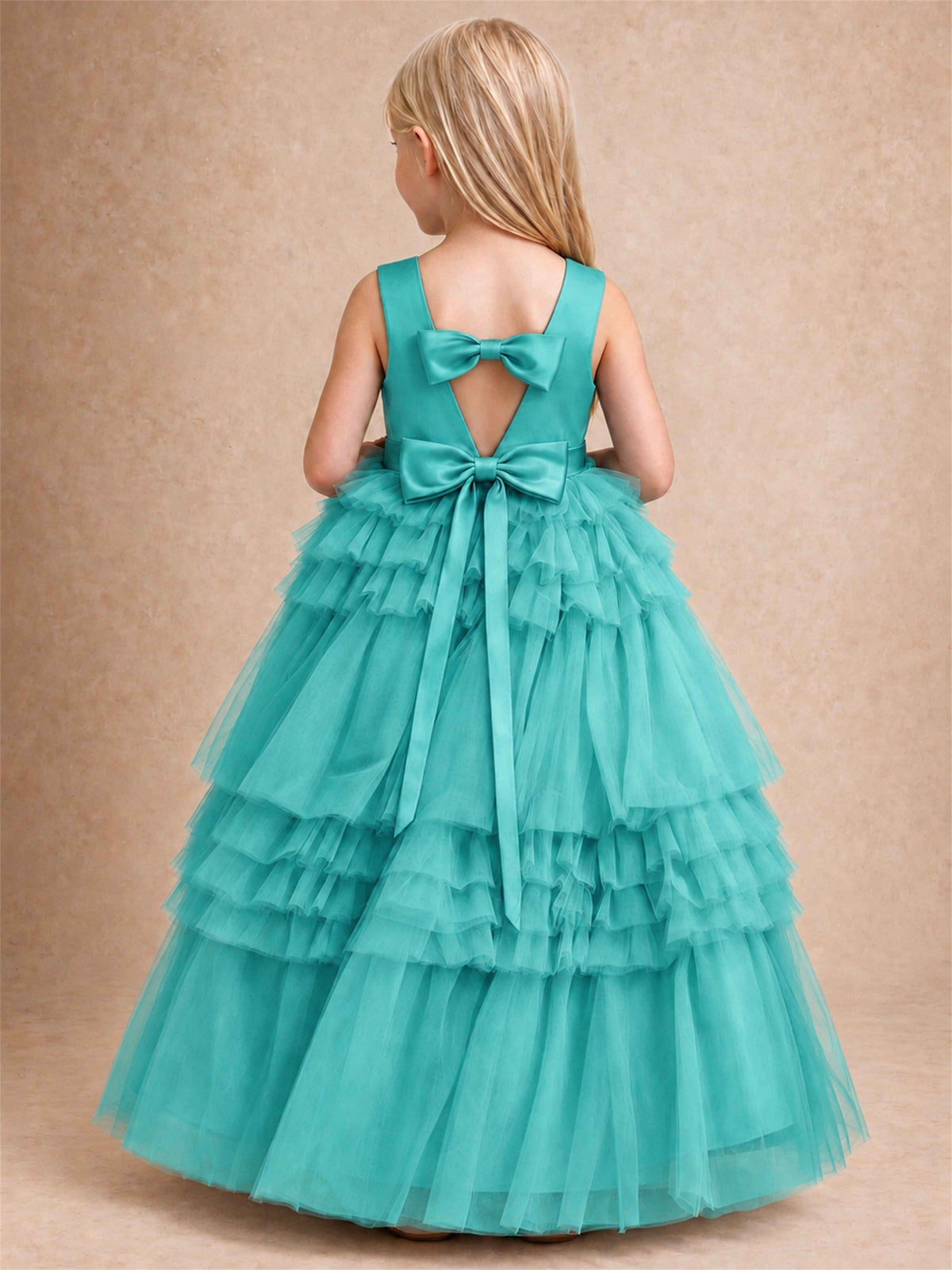 Sleeveless Square Neck Tiered Tulle Flower Girl Dress Kids Princess Wedding Party Gown