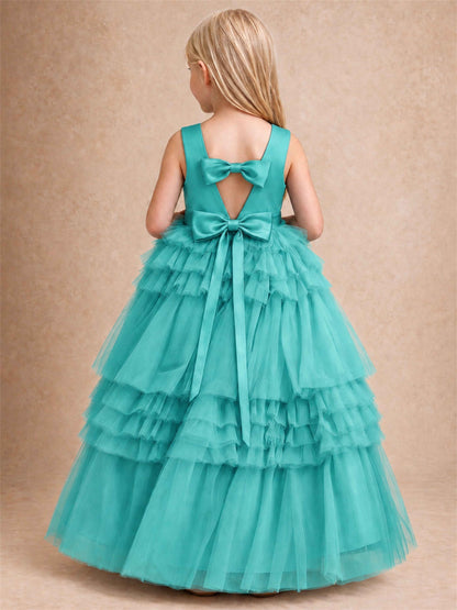 Sleeveless Square Neck Tiered Tulle Flower Girl Dress Kids Princess Wedding Party Gown