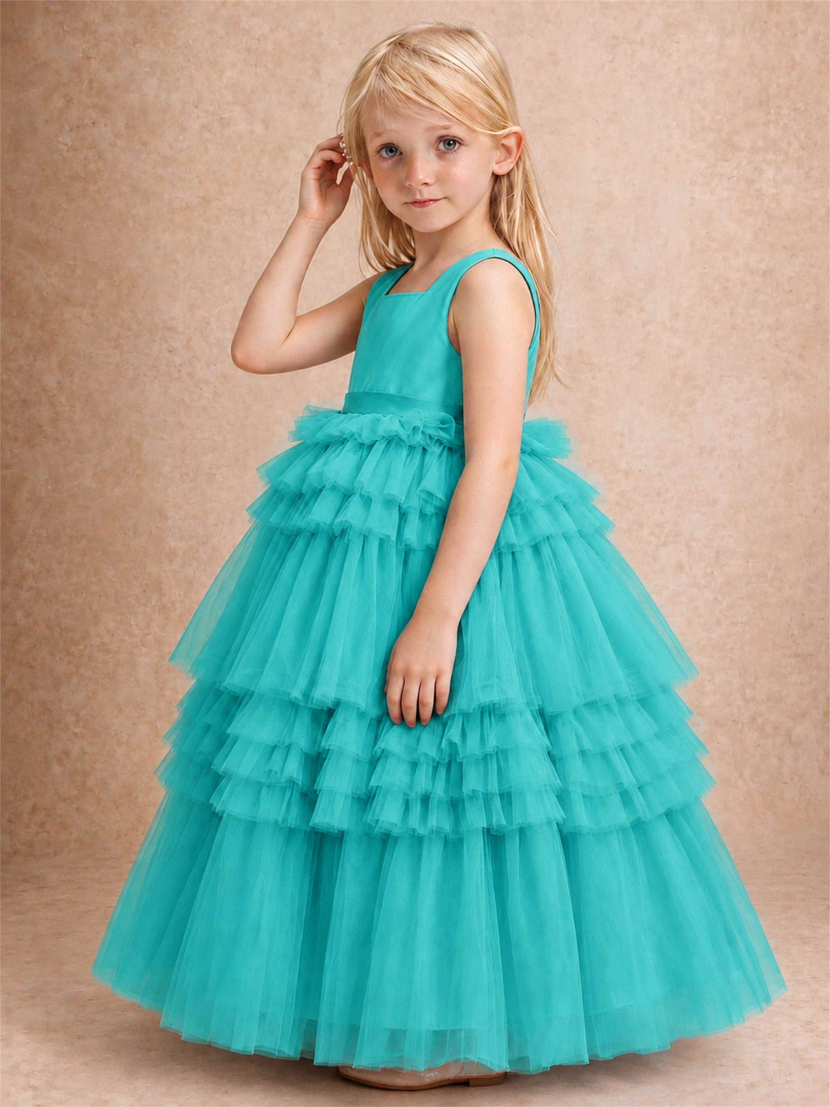 Sleeveless Square Neck Tiered Tulle Flower Girl Dress Kids Princess Wedding Party Gown