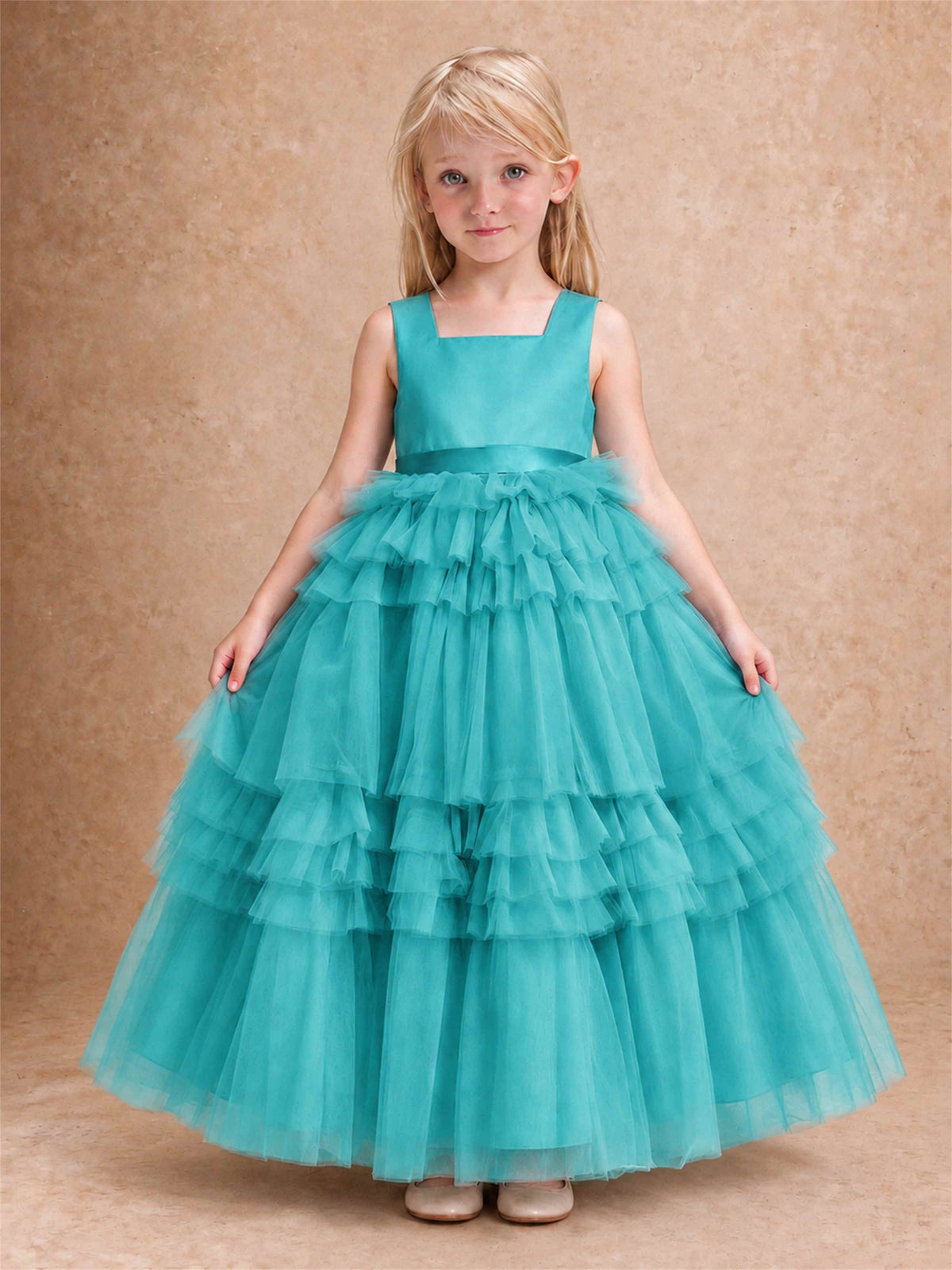 Sleeveless Square Neck Tiered Tulle Flower Girl Dress Kids Princess Wedding Party Gown