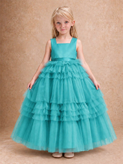 Sleeveless Square Neck Tiered Tulle Flower Girl Dress Kids Princess Wedding Party Gown