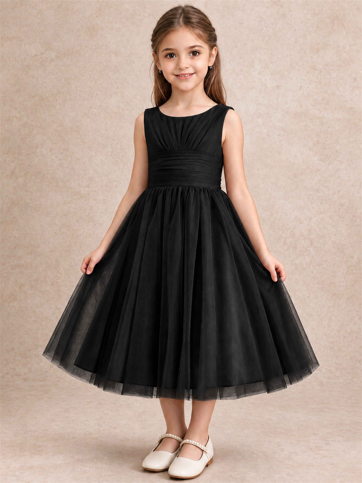 Sleeveless Tulle Flower Girl Dress A Line Tea Length Pleated Kids Wedding Party Gown