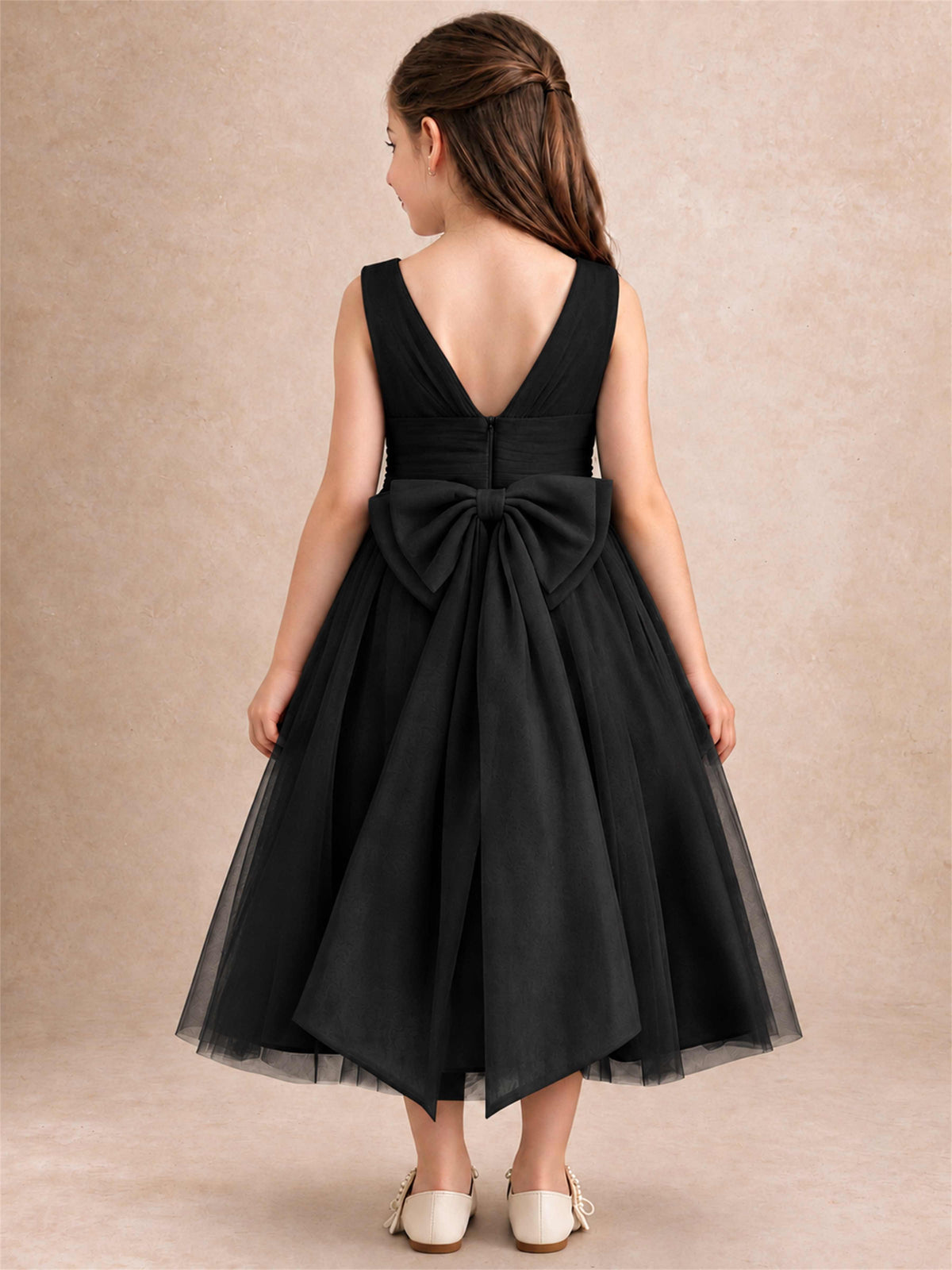 Sleeveless Tulle Flower Girl Dress A Line Tea Length Pleated Kids Wedding Party Gown