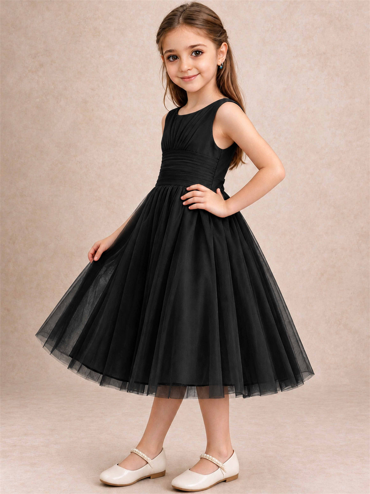 Sleeveless Tulle Flower Girl Dress A Line Tea Length Pleated Kids Wedding Party Gown