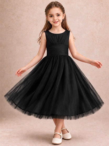 Sleeveless Tulle Flower Girl Dress A Line Tea Length Pleated Kids Wedding Party Gown